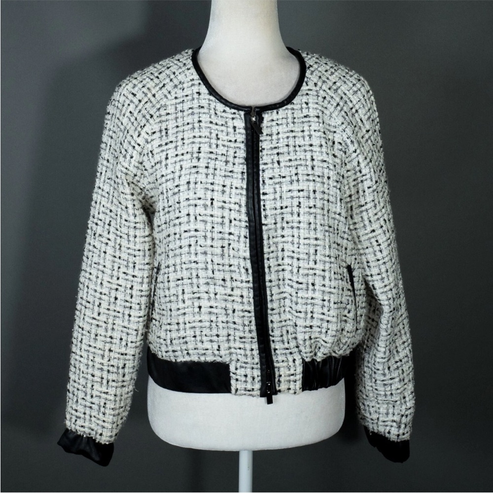 New York & Company 7th Avenue White Black Gray Tweed Bomber Jacket Size S